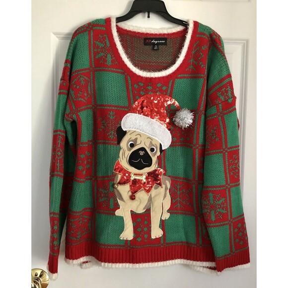 33 Degrees Ugly Christmas SWEATER Size XL Green/Red Dog Christmas Pullover - Picture 1 of 5